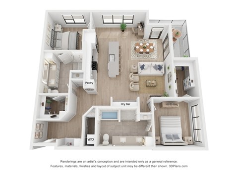 A 3D floor plan of a house with a kitchen, living room, dining room, and bathroom.